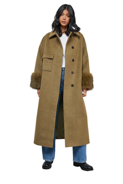 Patch Pocket Faux Fur Cuff Maxi Coat