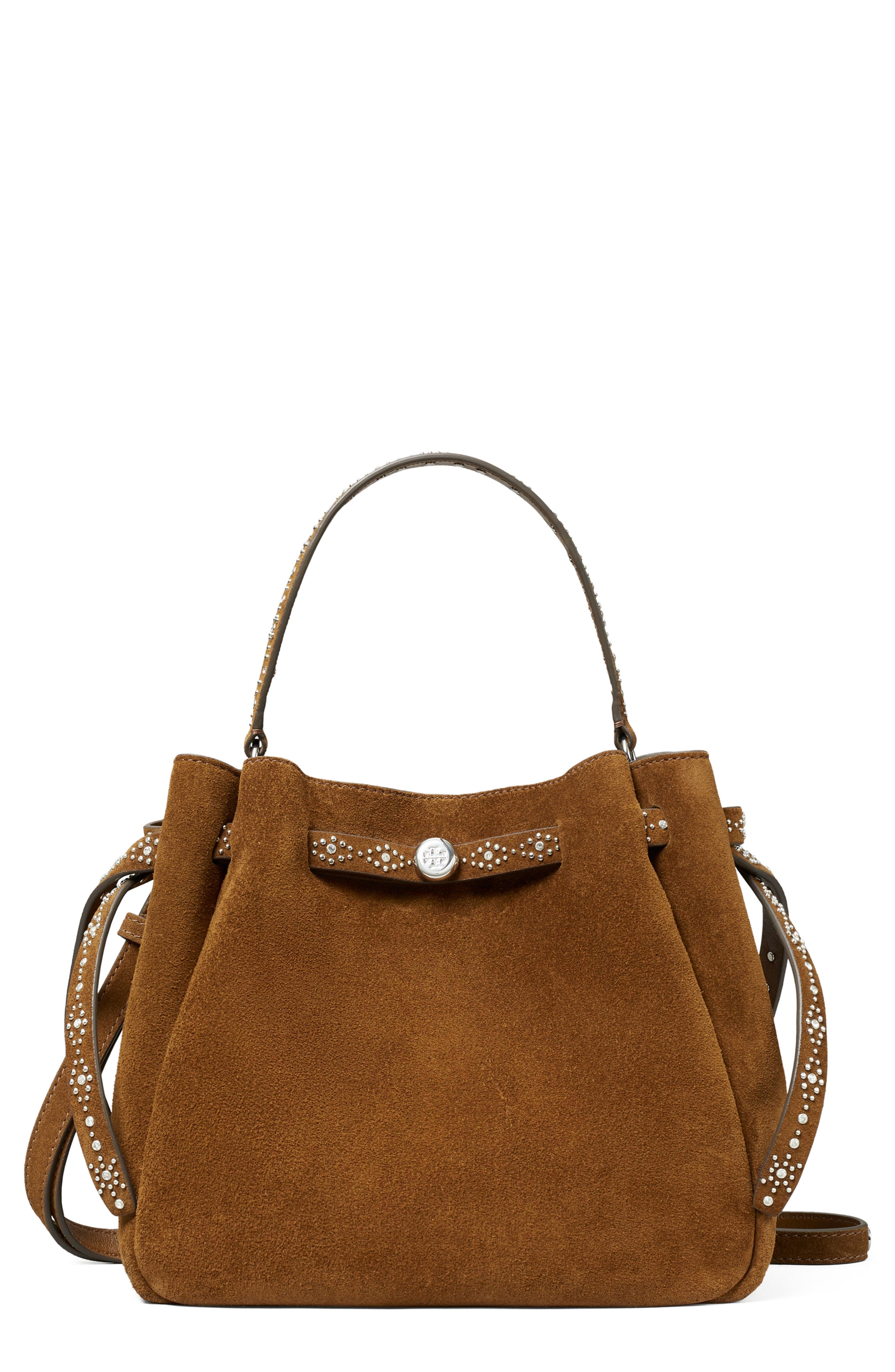 Romy Studded Leather Bucket Bag, Main, color, CARAMEL