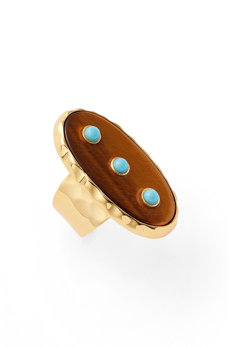 Tiger's Eye & Turquoise Stud Adjustable Ring, Main, color, BROWN