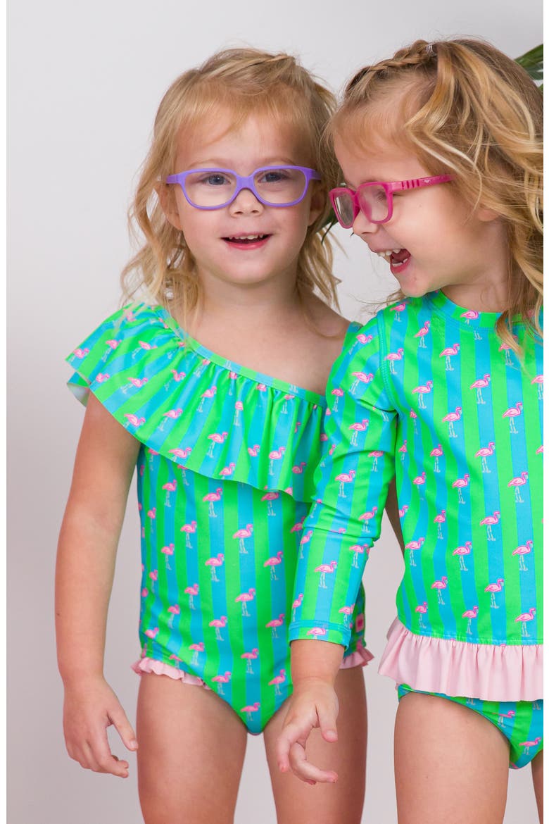 Kids' Neon Flamingo Stripe One-Shoulder One-Piece Swimsuit, Alternate, color, GREEN