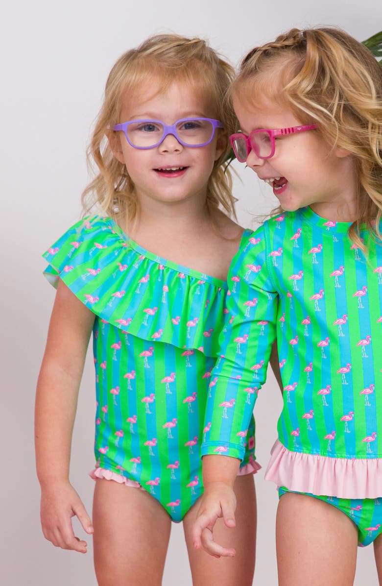 RuffleButts Kids' Neon Flamingo Stripe One-Shoulder One-Piece Swimsuit, Alternate, color, Green