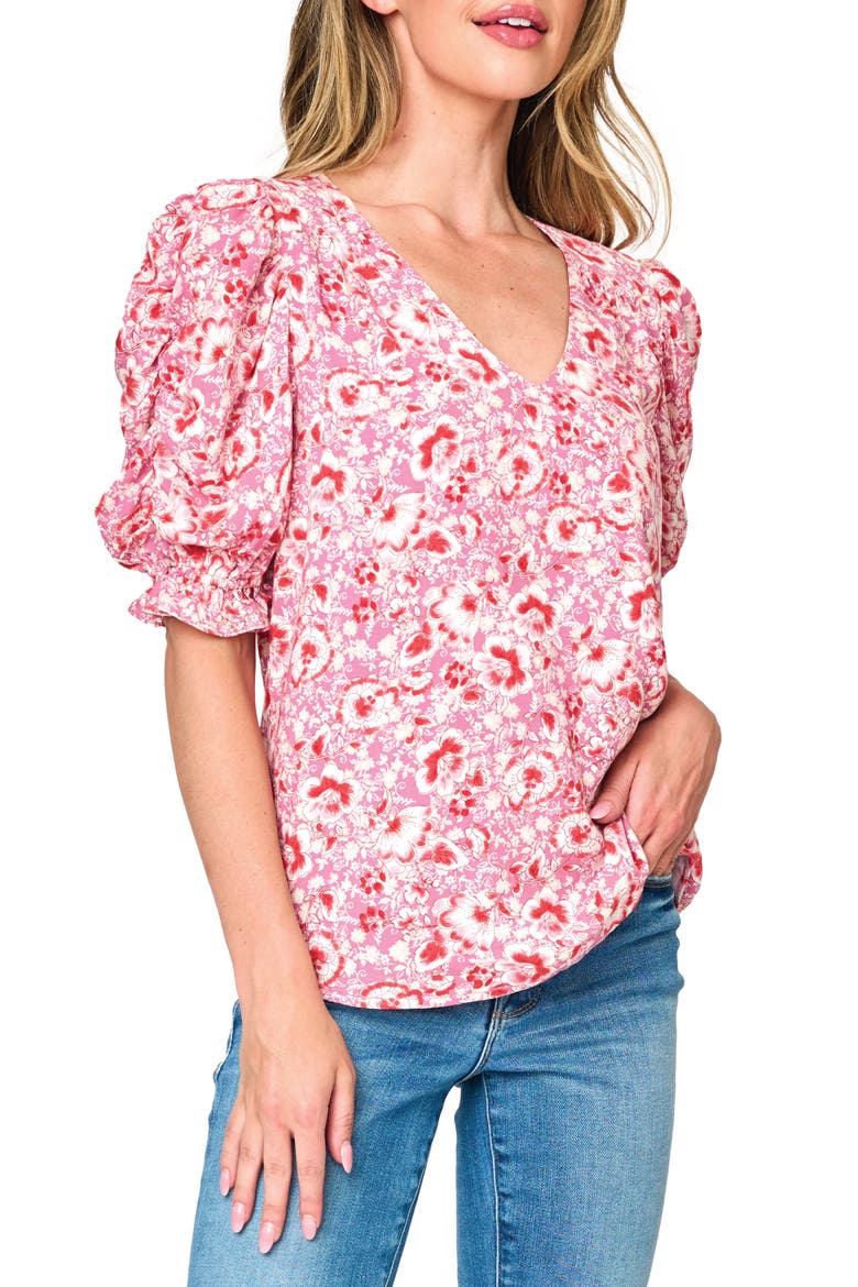 Ruched Sleeve Top, Main, color, ROSE BOUQUET FLORAL