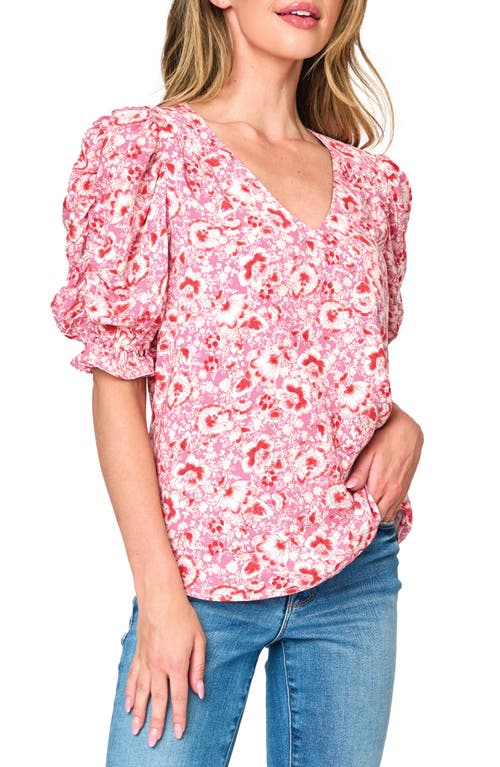 GIBSONLOOK Ruched Sleeve Top in Rose Bouquet Floral 