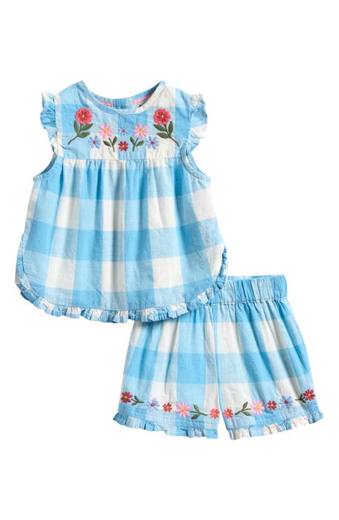 Check Embroidered Ruffle Cotton Top & Shorts Set (Baby)