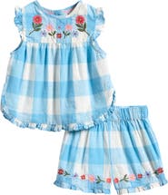 Mini Boden Check Embroidered Ruffle Cotton Top & Shorts Set