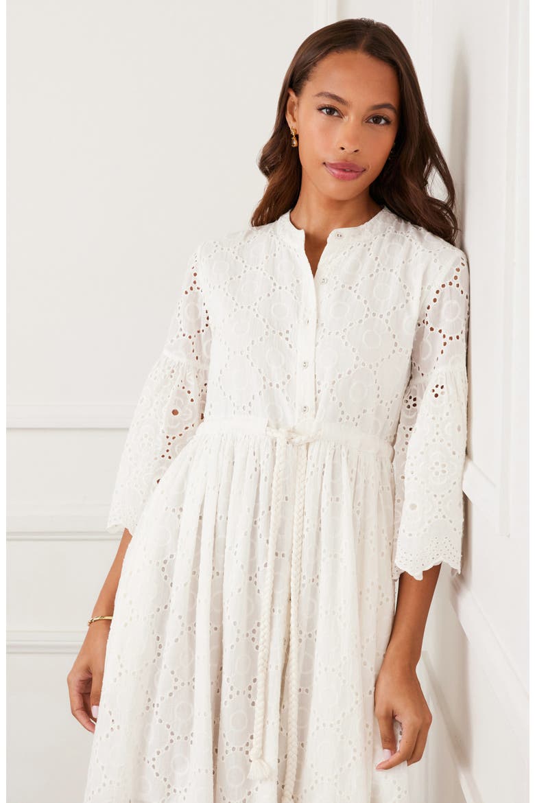 Tiered Cotton Eyelet Midi Dress, Alternate, color, OFF WHITE