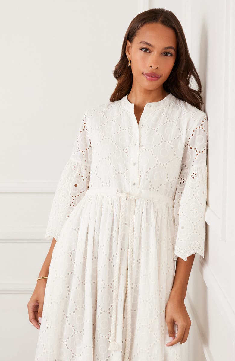 Karen Kane Tiered Cotton Eyelet Midi Dress, Alternate, color, Off White