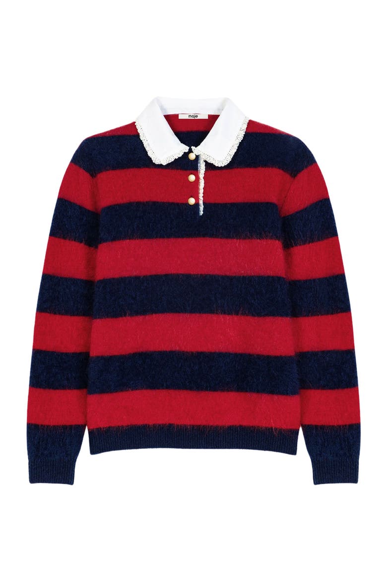 Fluffy sweater with poplin collar, Alternate, color, Navy/red