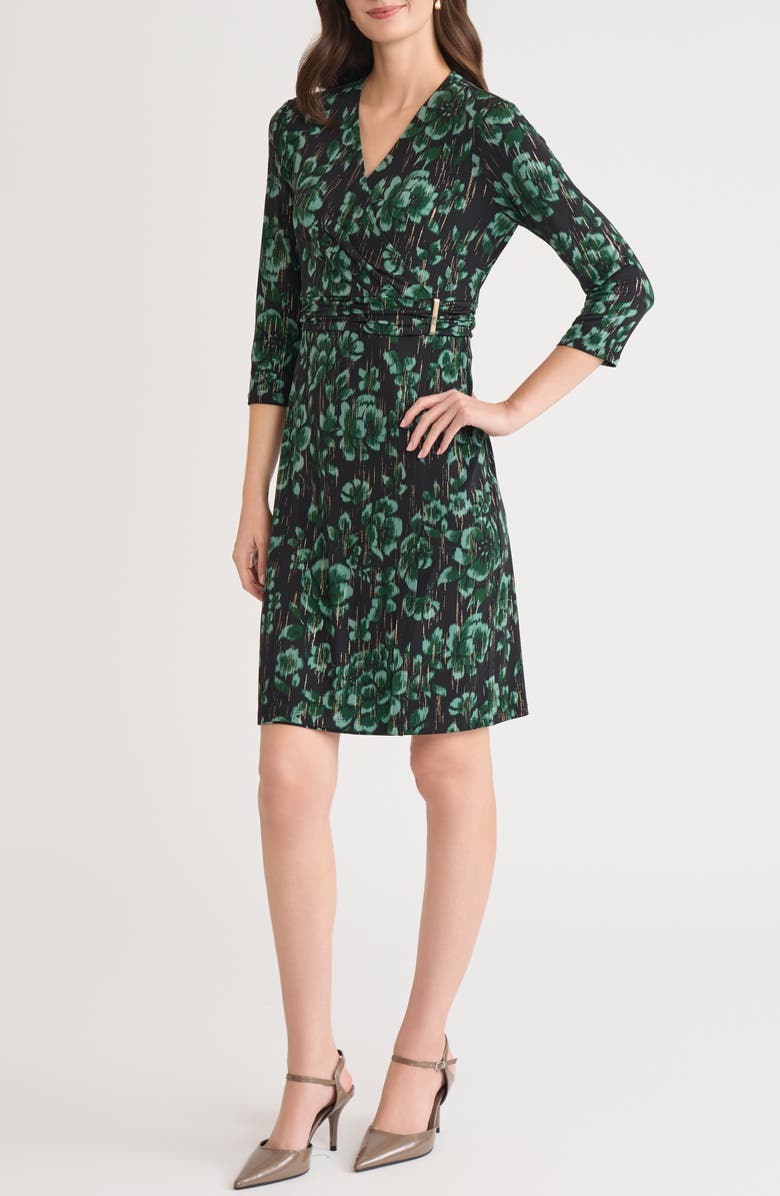 KASPER Metallic Faux Wrap Dress, Alternate, color, Black/Green Multi