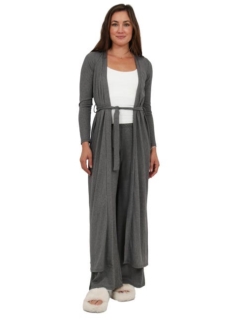 Womens Basic Long Sleeve Tie Waist Soft Jacket and Elastic Waist Wide Leg Pant Set