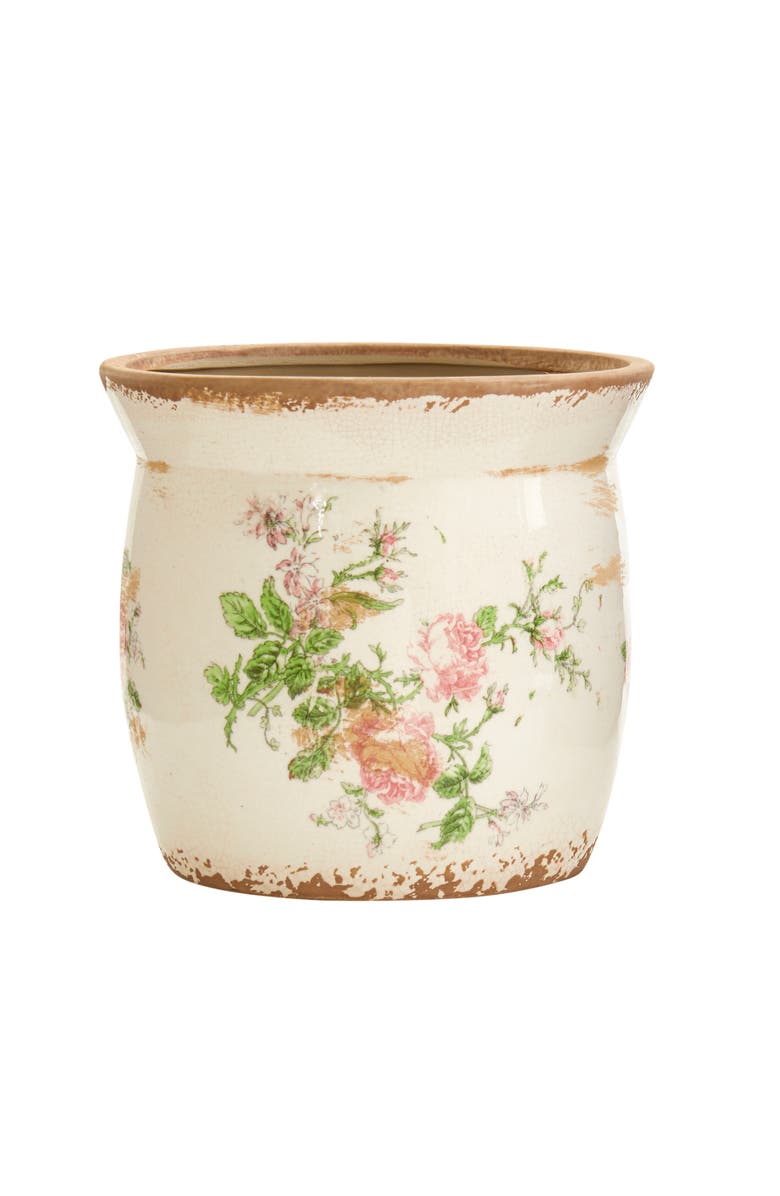 NEARLY NATURAL 8-in Tuscan Ceramic Floral Print Planter, Main, color, White