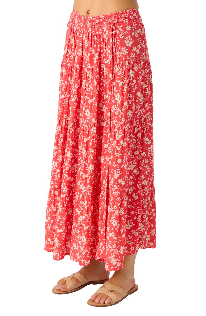 O'Neill Luciana Floral Smocked Waist Wrap Maxi Skirt, Alternate, color, Cayenne