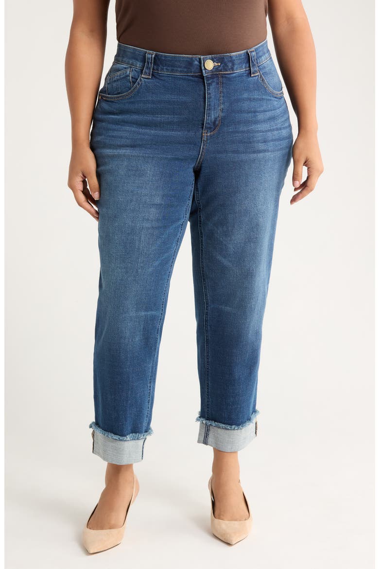 High Waist Frayed Cuff Hem Straight Leg Jeans, Main, color, BLUE