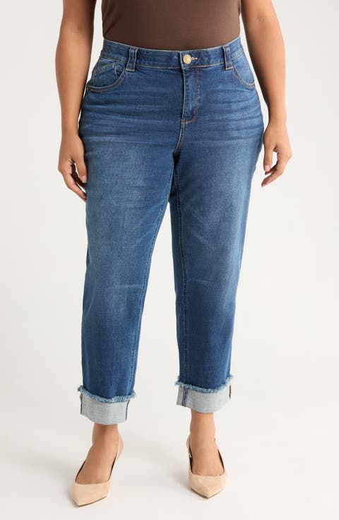 High Waist Frayed Cuff Hem Straight Leg Jeans (Plus)