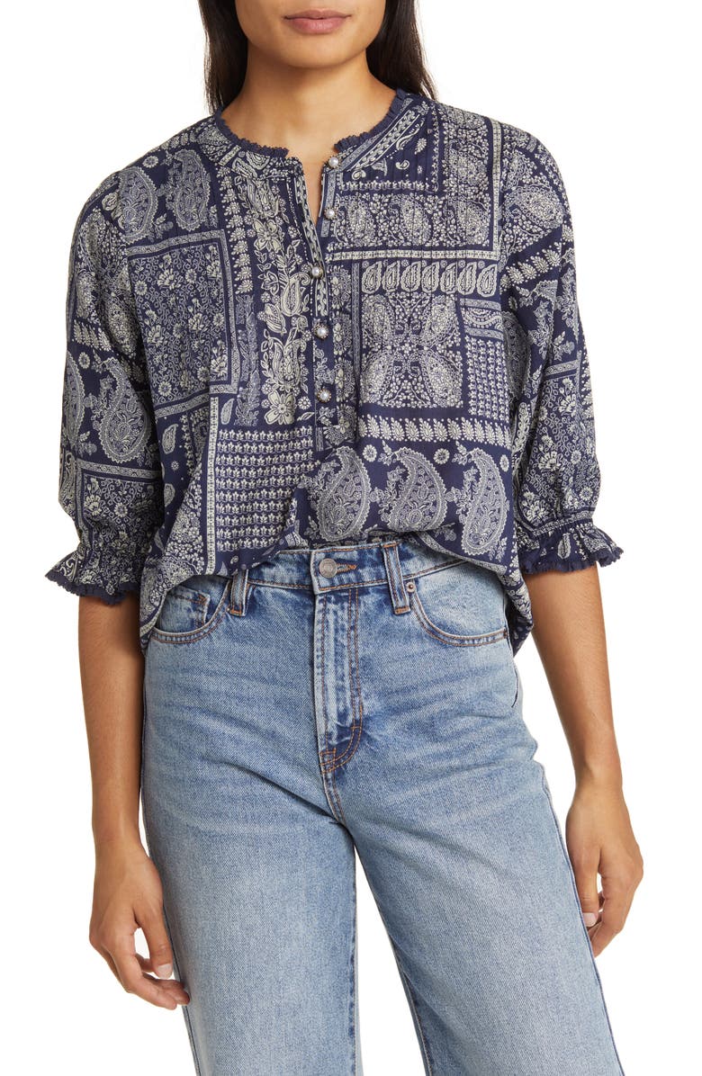 Wit & Wisdom Paisley Patchwork Button Front Top, Main, color, 