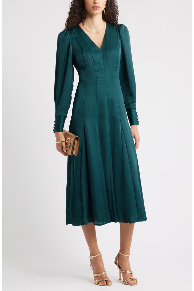 Long Sleeve Satin Midi Dress, Alternate, color, GREEN PONDEROSA