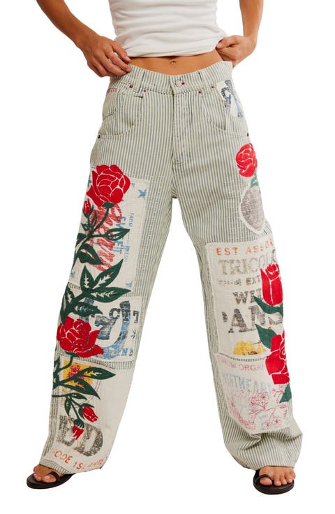 Lost and Found High Waist Patch Detail Railroad Stripe Jeans (Secret Getaway)