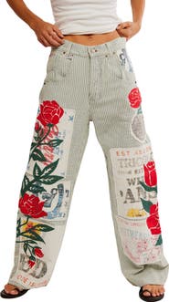 Free People Lost and Found High Waist Patch Detail Railroad Stripe Jeans