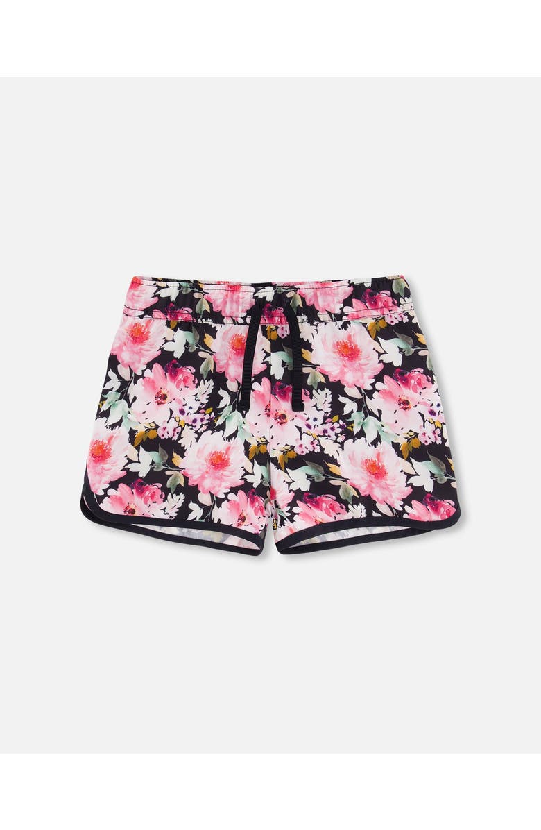 Deux par Deux Little Girl's Athletic Shorts Black Printed Big Flowers, Main, color, 