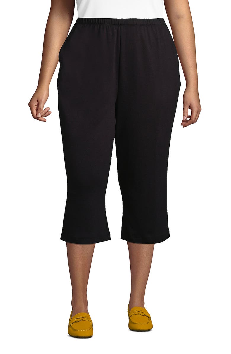 Lands' End Plus Size Sport Knit High Rise Elastic Waist Capri Pants, Main, color, Black