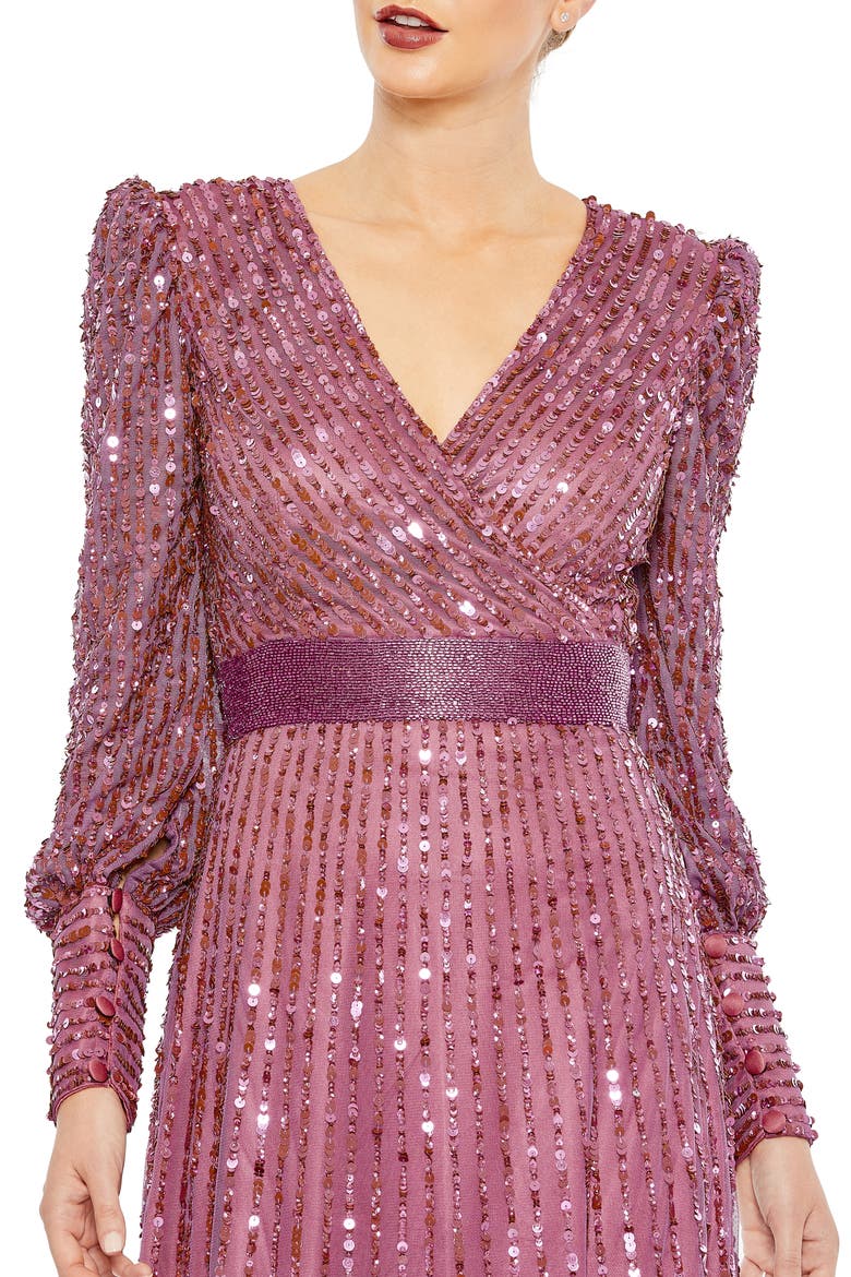 Sequined Wrap Over Bishop Sleeve Gown, Alternate, color, MAUVE