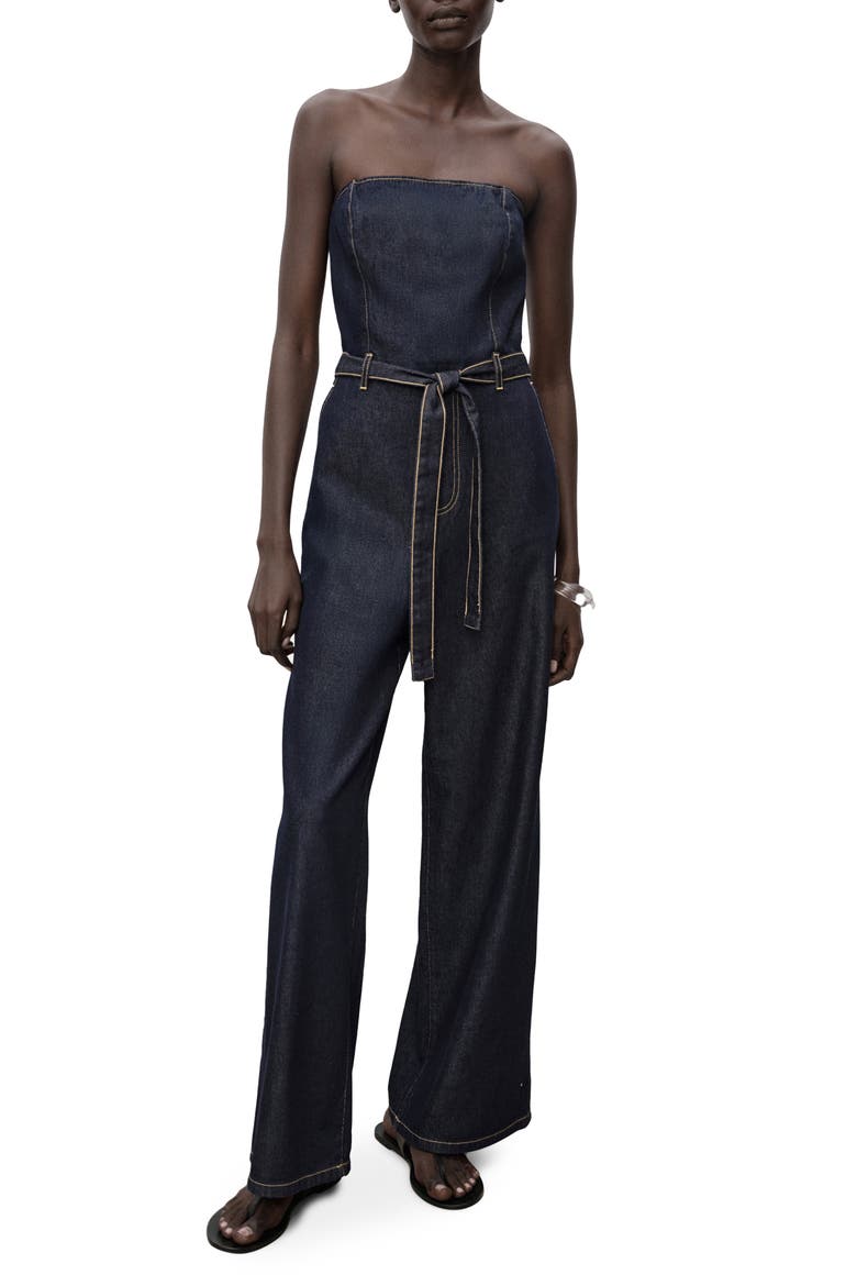 Mono Strapless Tie Waist Denim Jumpsuit, Main, color, OPEN BLUE