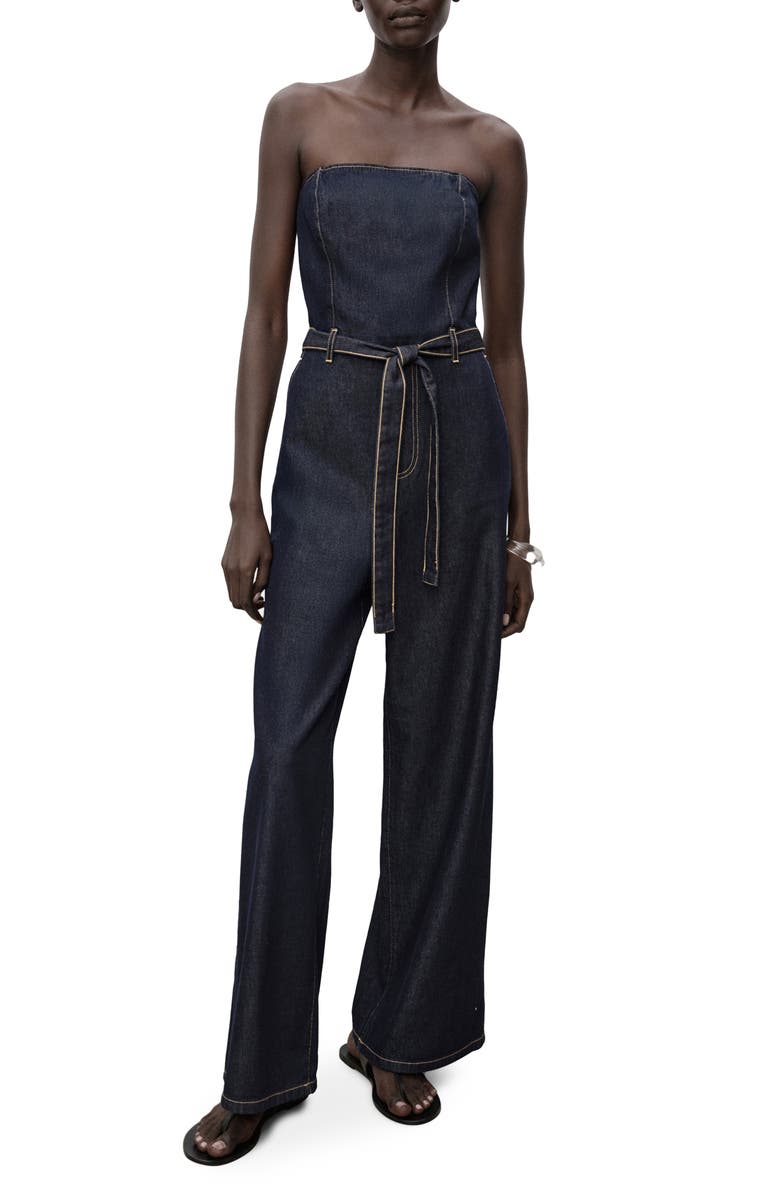 MANGO Mono Strapless Tie Waist Denim Jumpsuit, Main, color, Open Blue