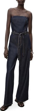 MANGO Mono Strapless Tie Waist Denim Jumpsuit
