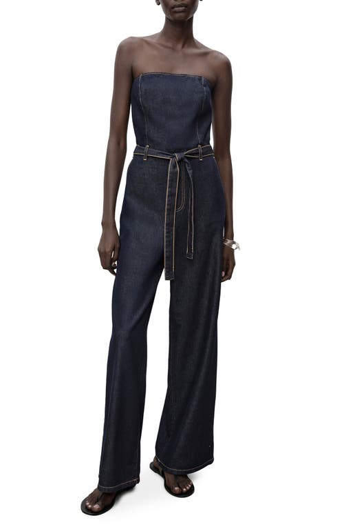Mango Mono Strapless Tie Waist Denim Jumpsuit In Blue