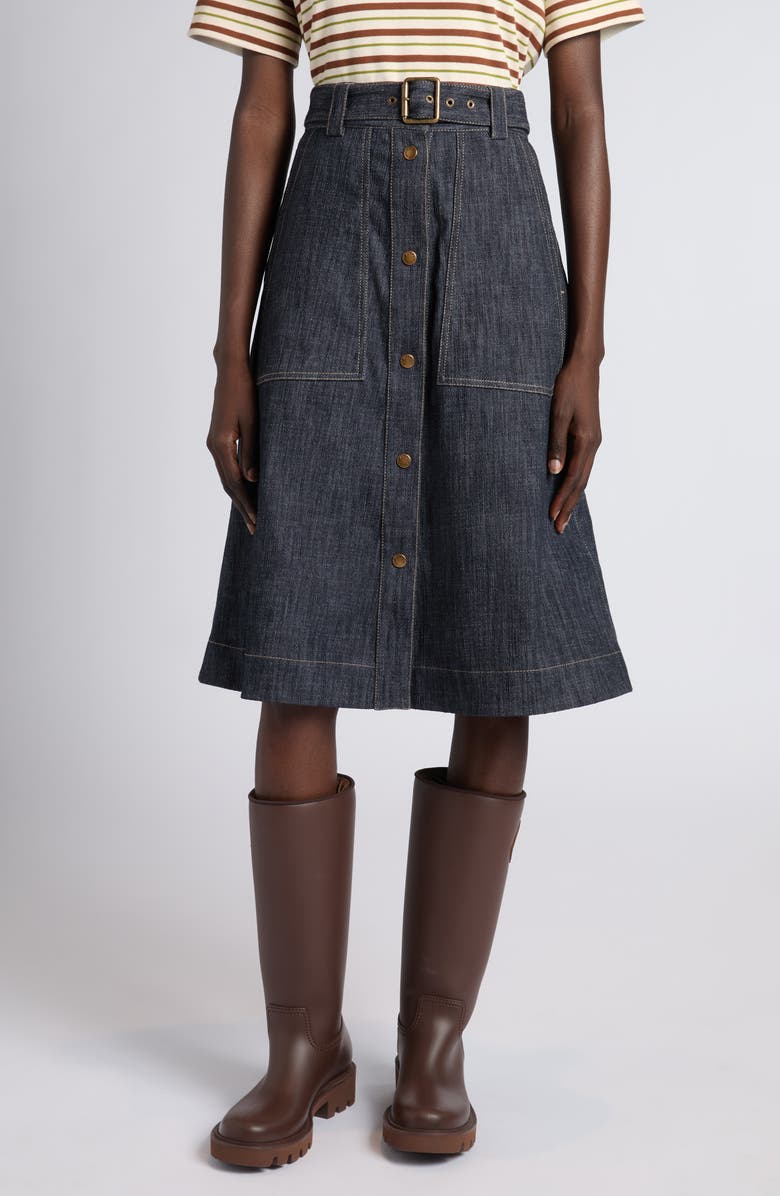 Moncler Belted Denim Midi Skirt, Main, color, Blue