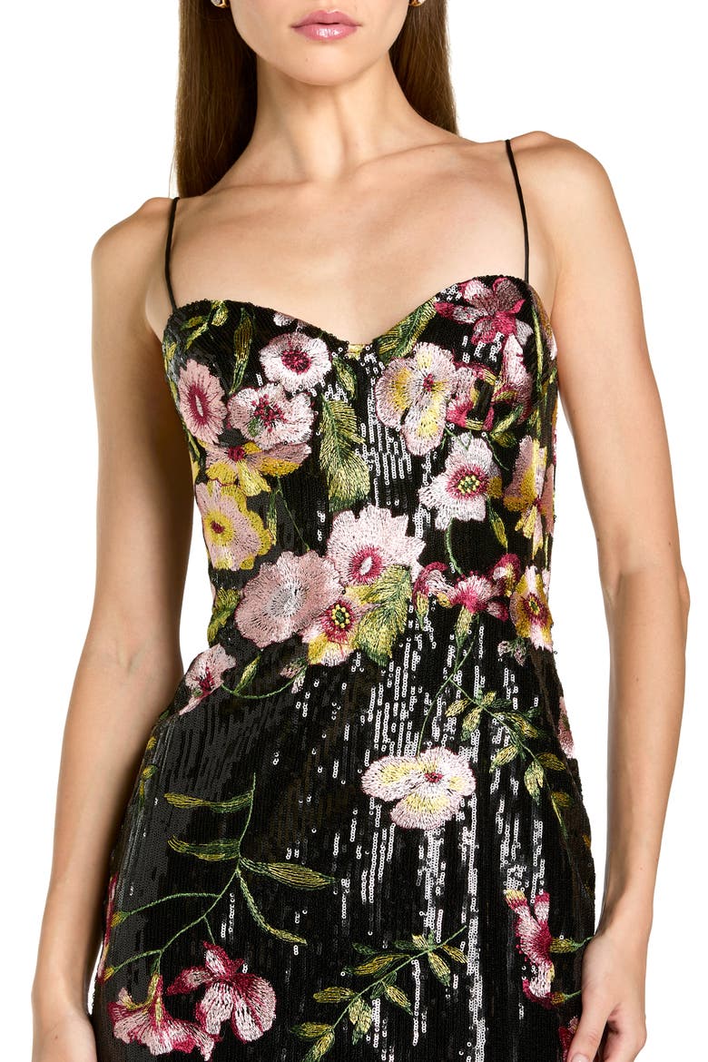 Petite Sleeveless Bustier Floral Applique Gown, Alternate, color, Black Multi