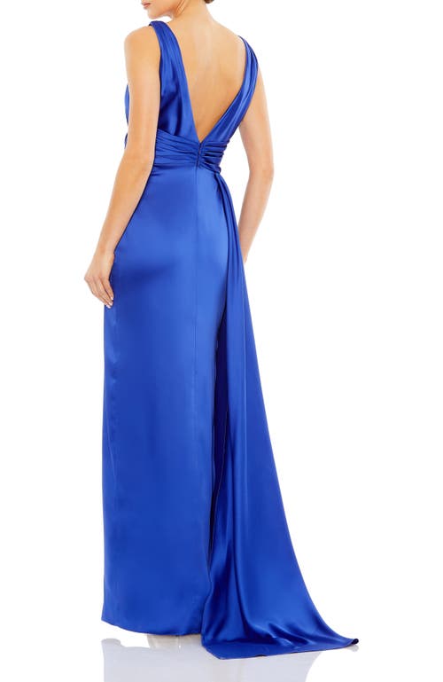 Mac Duggal Self Tie Draped Gown With Overlay Train In Blue