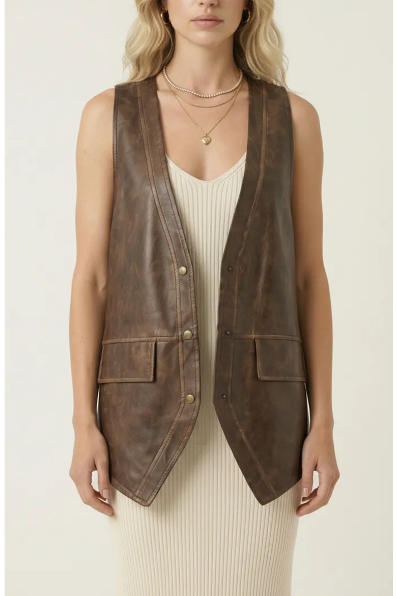 Faux Leather Vest with Snap Buttons, Main, color, Brown