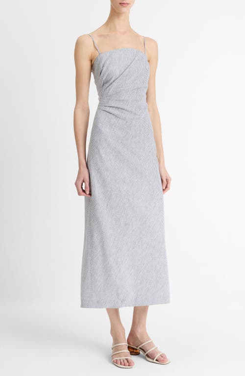 Vince Ticking Stripe Draped Strapless Midi Dress In Iris Slate/off White