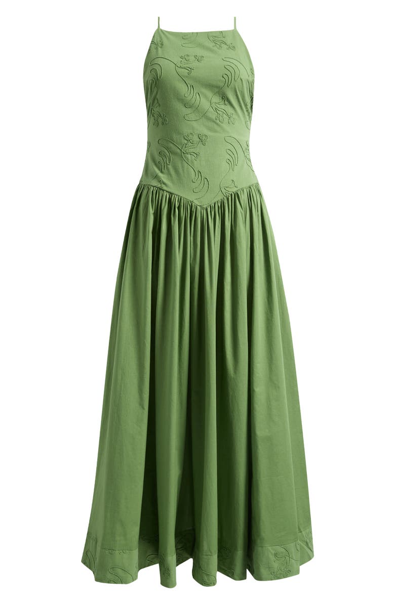 Topshop Embroidered Open Back Cotton Maxi Dress, Alternate, color, Medium Green