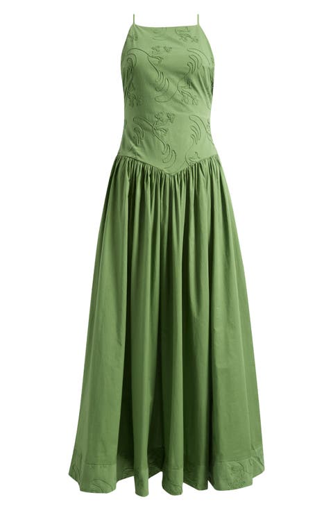Embroidered Open Back Cotton Maxi Dress