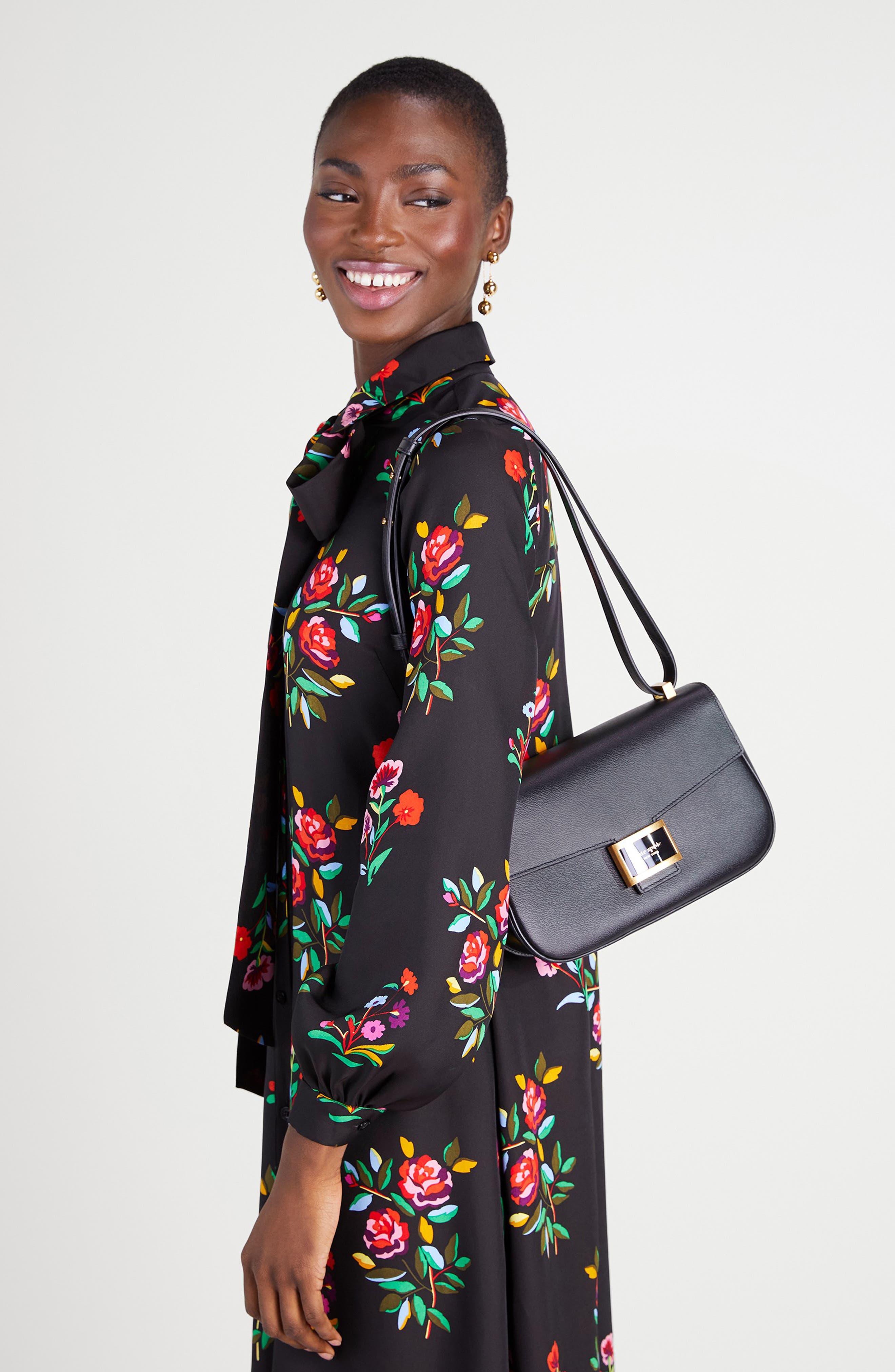 medium katy textured leather convertible shoulder bag, Alternate, color, BLACK