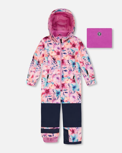 Deux Par Deux One-piece Teknik Snowsuit Watercolor Flower In Pink