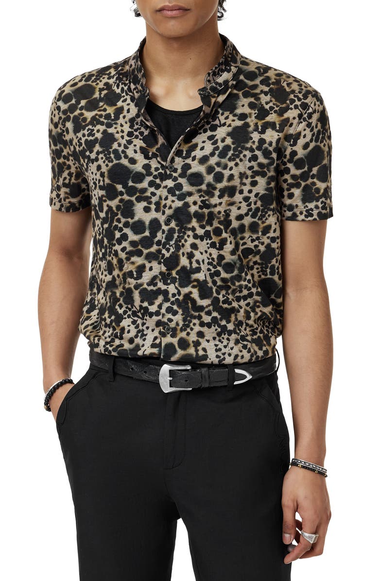 John Varvatos Marini Leopard Print Short Sleeve Button-Up Shirt, Main, color, Smoked Pearl Grey