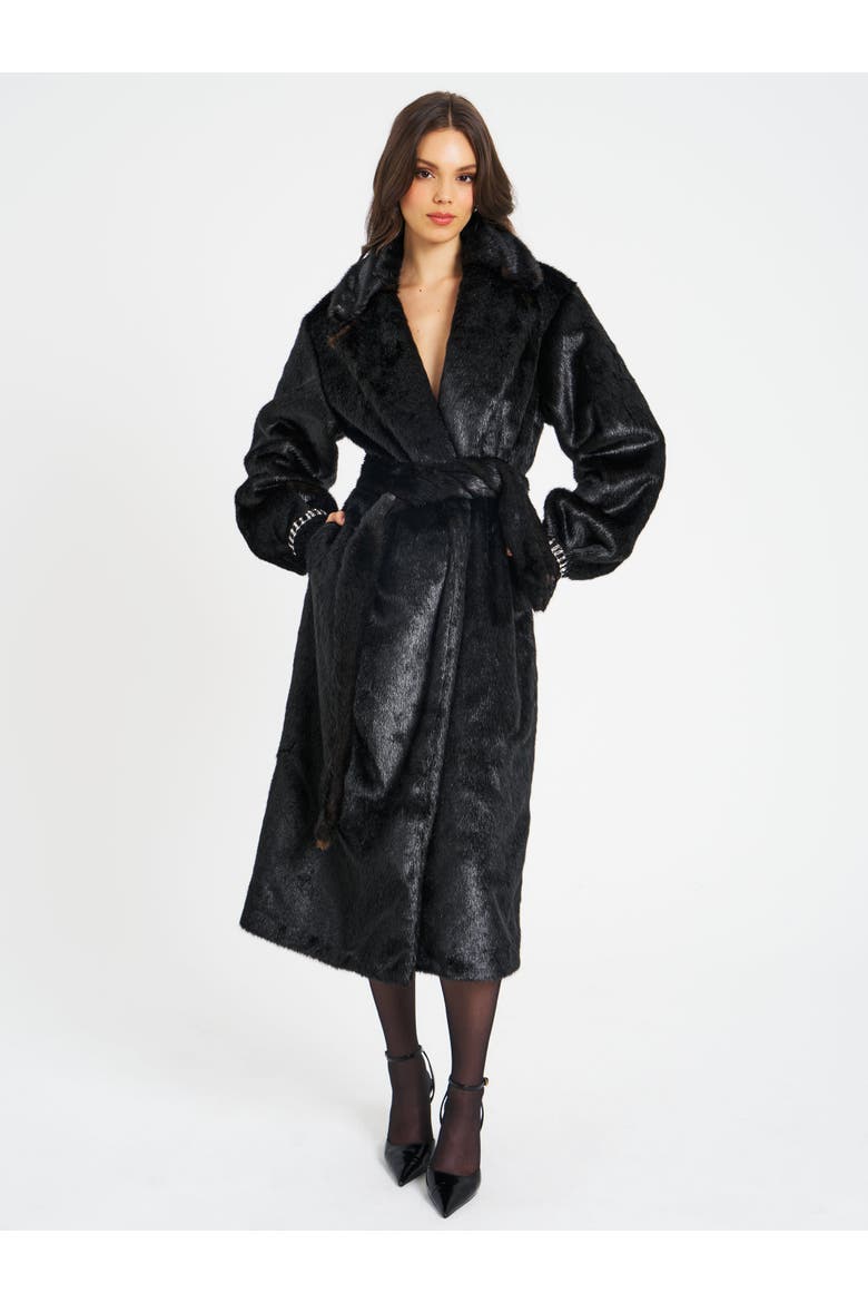 Yahia Vegan Longline Coat with Faux Mink, Alternate, color, Black