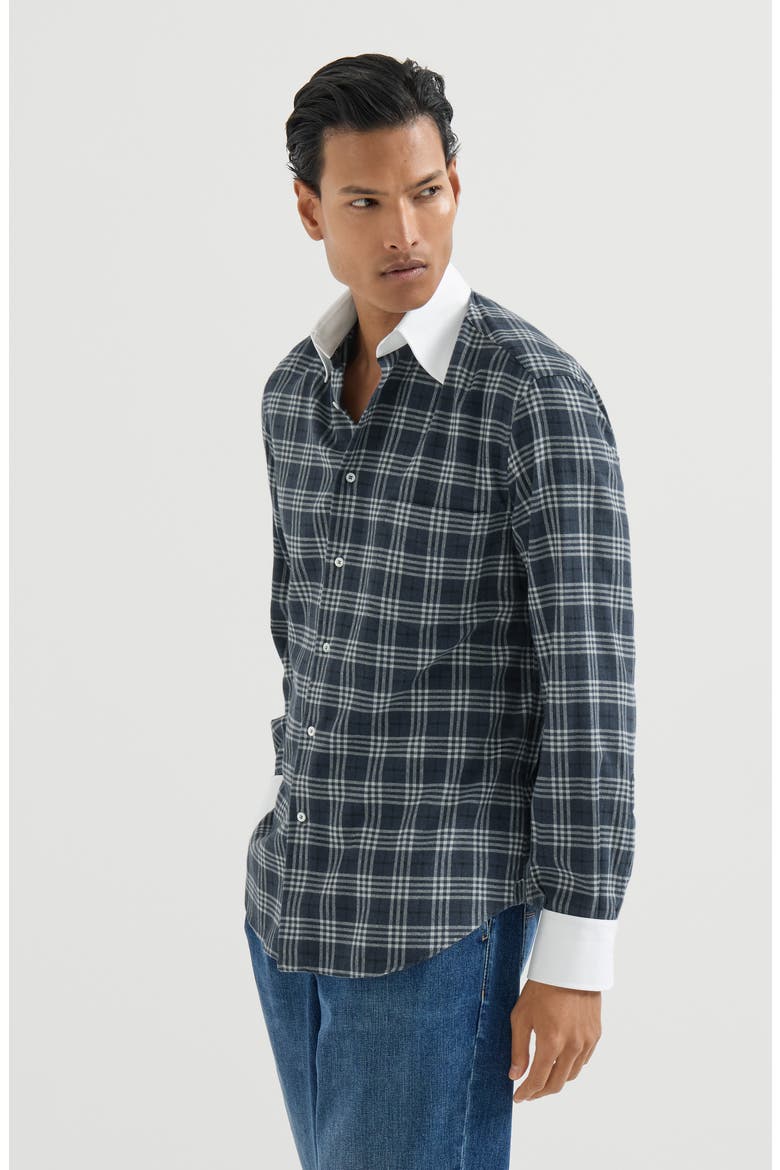 Cotton and lyocell tartan flannel shirt with contrast Italian collar and cuffs, Main, color, Denim