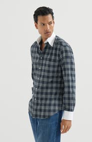 Brunello Cucinelli Cotton and lyocell tartan flannel shirt with contrast Italian collar and cuffs