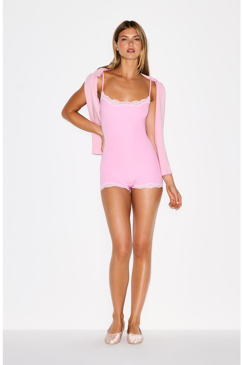 Lace Trim Romper, Alternate, color, BUBBLEGUM TONAL
