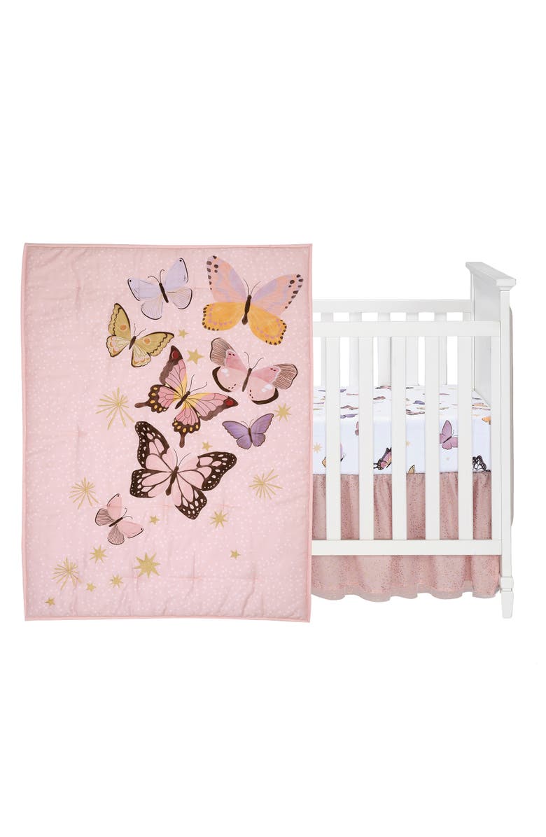 Lambs & Ivy Butterfly Dreams 3-Piece Nursery Baby Crib Bedding Set, Main, color, Pink