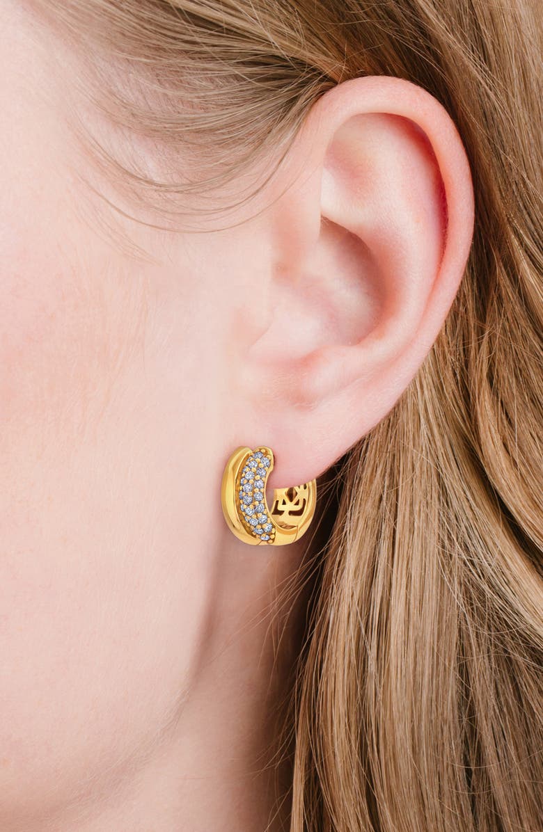 Crislu Pavé Double Huggie Hoop Earrings, Alternate, color, 18Kyg/ Clear Stone