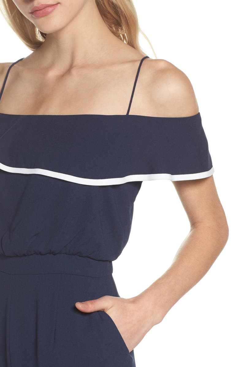 Vince Camuto Ruffle Off the Shoulder Jumpsuit, Alternate, color,