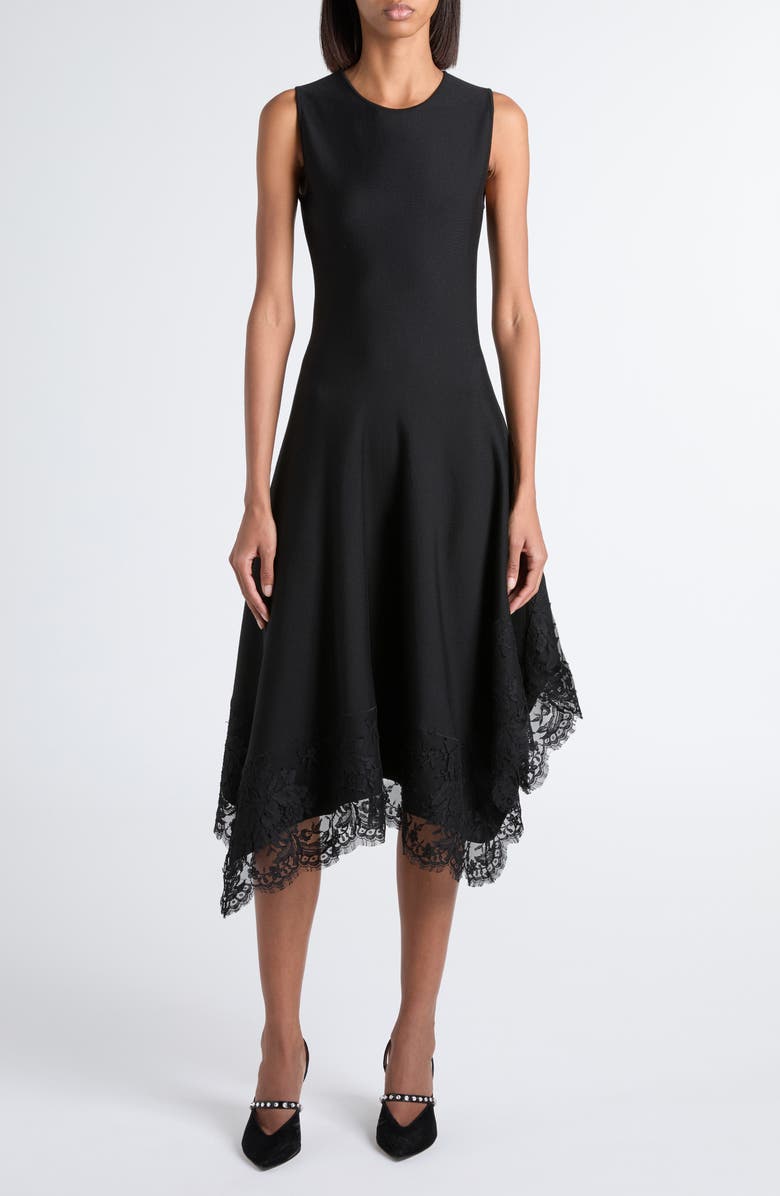 McQueen Lace Detail Asymmetric Dress, Main, color, Black/ Black