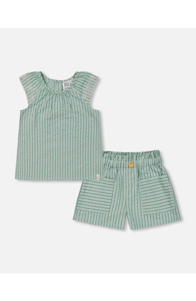 Deux par Deux Girl's Chambray Blouse And Short Set Mint Green Striped, Main, color,
