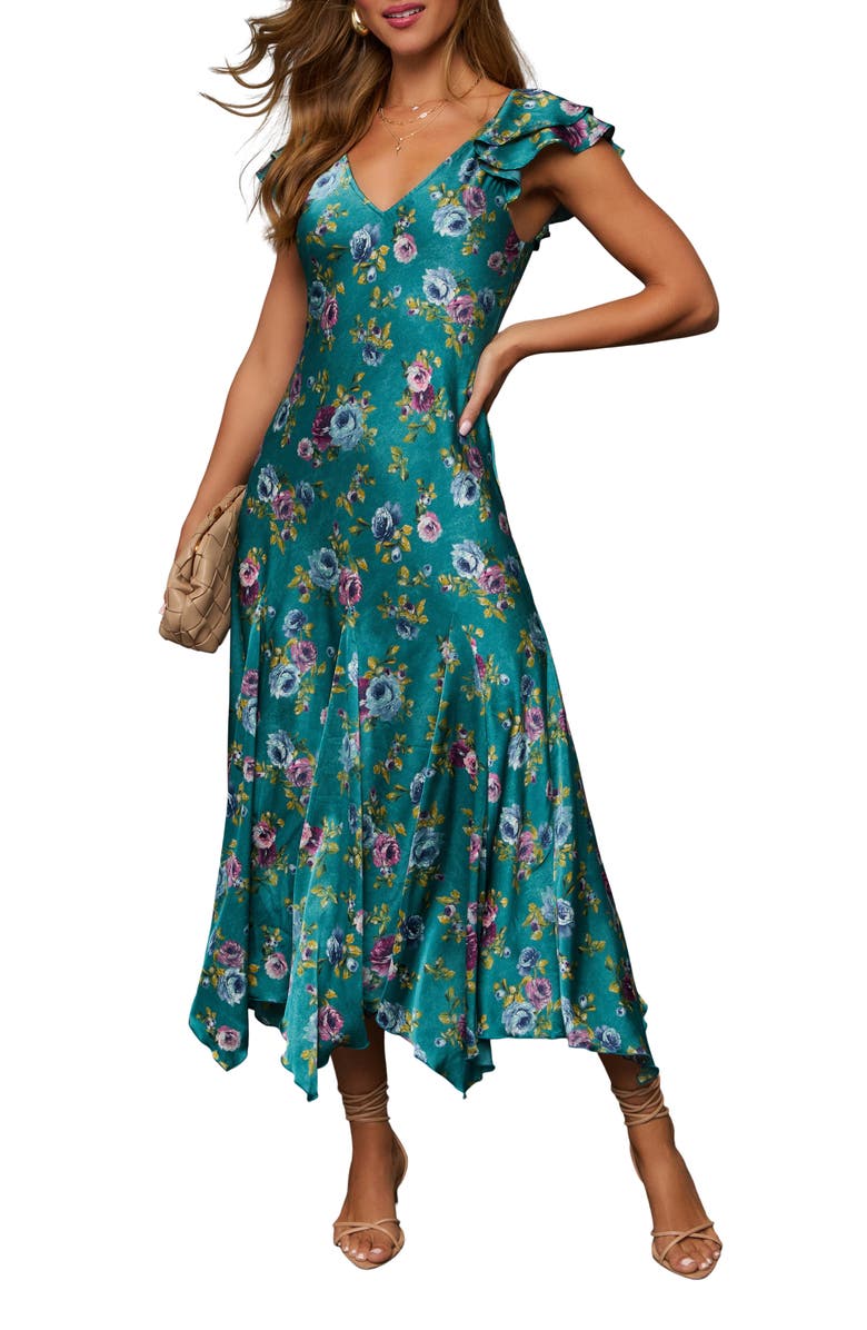 VICI Collection Sweet Feeling Floral Satin A-Line Dress, Main, color, Teal Multi