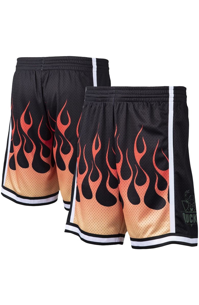 Mitchell & Ness Men's Mitchell & Ness Black Milwaukee Bucks 2000/01 Flames Swingman Shorts, Main, color,